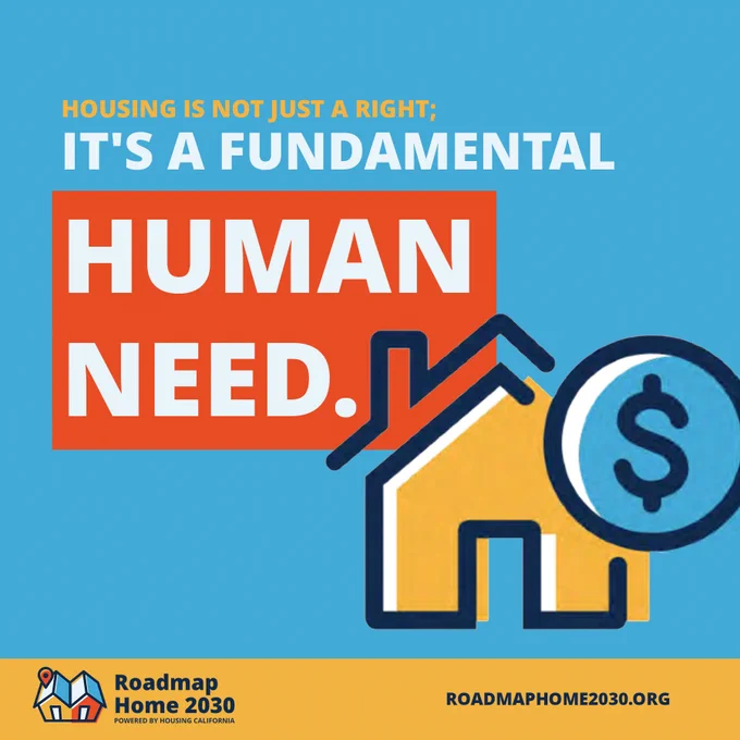 A blue graphic that reads housing is not just a right it's a fundamental human need