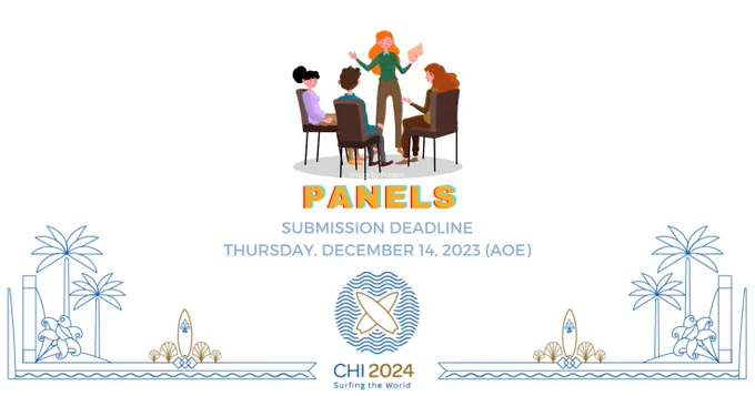 Image has a photo of four people around a table having a discussion, with the text "Panels" and submission deadline information in blue text.
