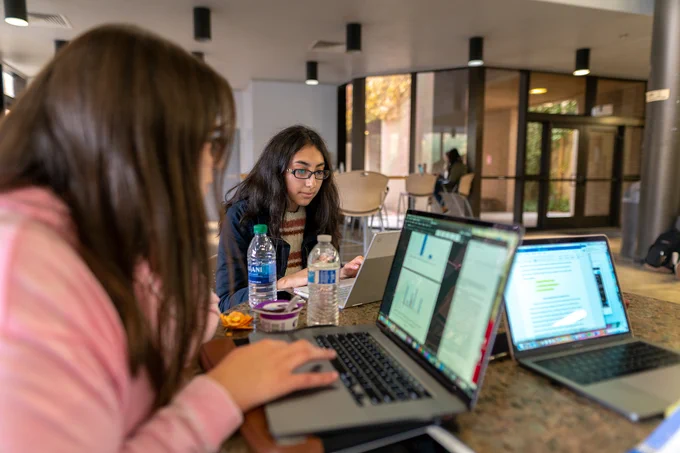 Students working on laptops in Walter W. Stiern Library study area