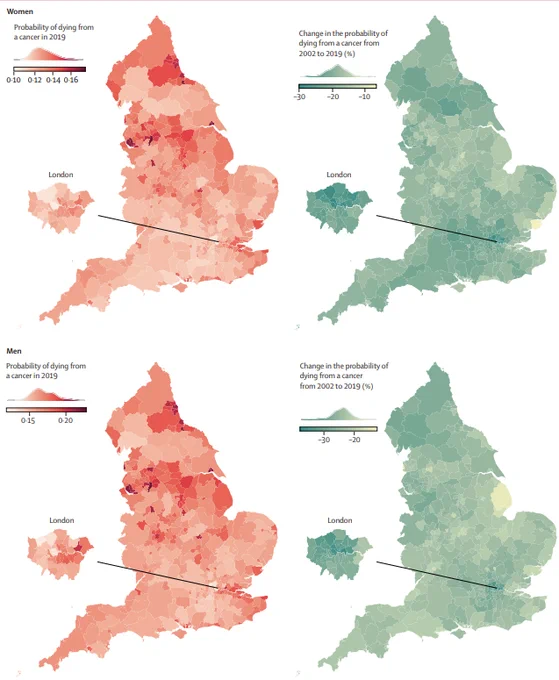 Probability of dying from a cancer between birth and age 80 years in 314 local authority districts in England in 2019, and change in probabilities of dying from 2002 to 2019, in women and men