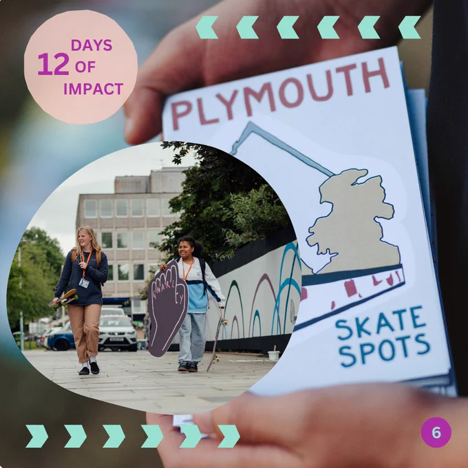 hands hold a leaflet entitled 'Plymouth Skate Spots' over this is an insert image of two young people walking next to the city centre mural spot, they are holding skateboards and one person is holding a large cut out shape of a fist with the word 'Gnarly' on it. Text reads " 12 Days of Impact, day 6"