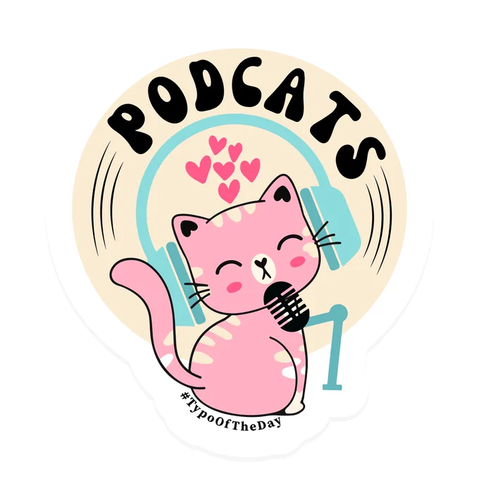 Pink cat with blue headphones speaking into a microphone with hearts above its head. 