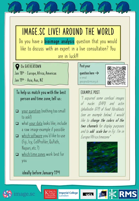 Image.sc Live! poster. Carries written information about the online discussion event, a small, green and blue micrograph in the bottom corner, and a QR code to submit questions.