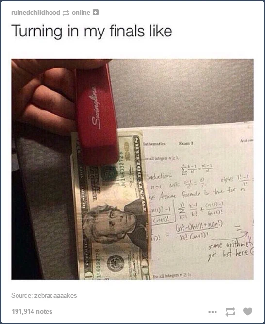 Image of exam with $20 bill stapled to it