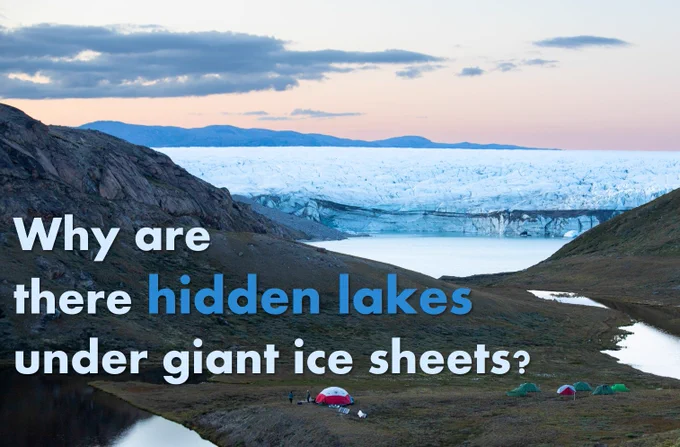 Pink sky at top of image with mountains in distance. The front of a pale blue cracked glacier is behind a lake. A rugged rocky landscape is in the foreground, with 3 smaller lakes. A collection of green, red and white tents are set up in a grassed area. Text reads "why are there hidden lakes under giant ice sheets?" 