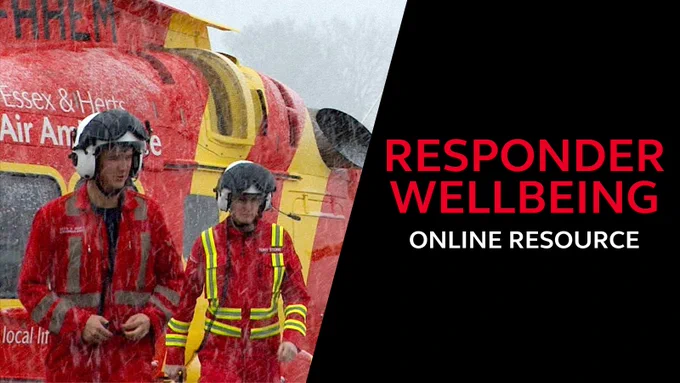 An image of two air ambulance paramedics in front of the rescue helicopter with the text "Responder Wellbeing online resource"