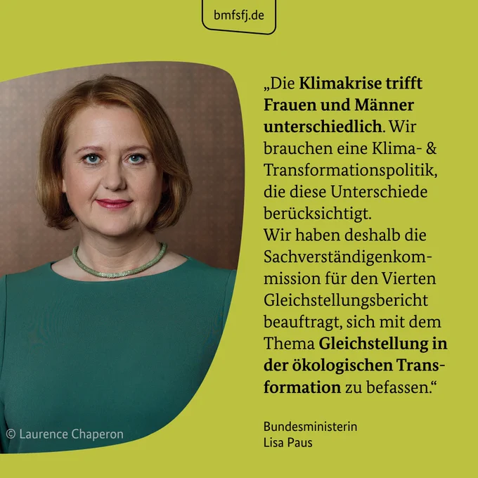 Links: Ein Bild von Bundesministerin Lisa Paus. Rechts das Zitat: Die Klimakrise trifft Frauen und Männer unterschiedlich. Wir brauchen eine Klima- & Transformationspolitik, die diese Unterschiede berücksichtigt. Wir haben deshalb die Sachverständigenkommission für den Vierten Gleichstellungsbericht beauftragt, sich mit dem Thema Gleichstellung in der ökologischen Transformation zu befassen.