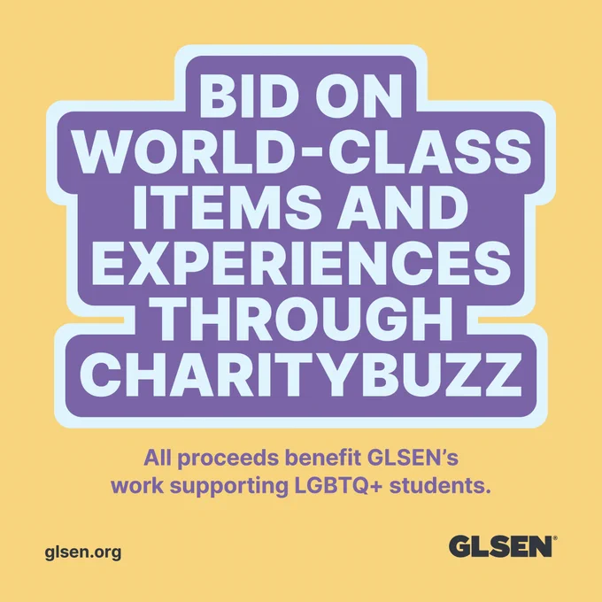 On a yellow background blue and purple text reads "Bid on World-Class Items and Experiences Through CharityBuzz".