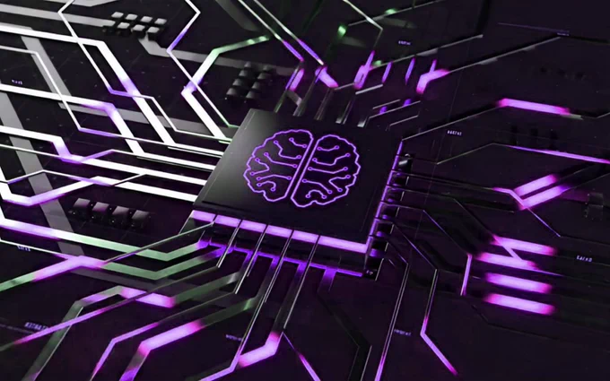 computer chip highlighted in purble with an image of a purple brain