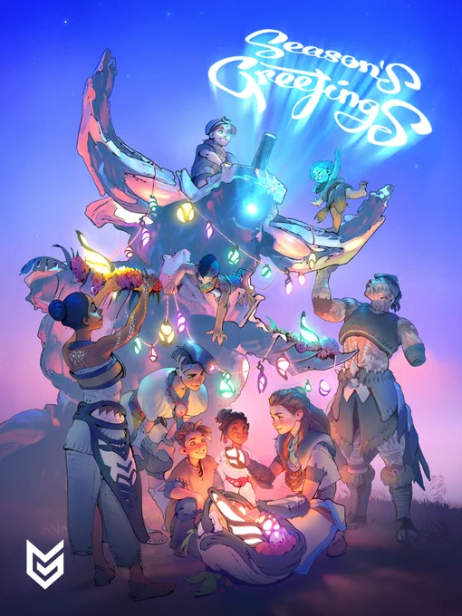 Artwork of a Grimhorn machine from the Horizon franchise covered in festive lights and projecting the words Seasons Greetings. There are children surrounding or on the Grimhorn, with Aloy, Alva, Zo and Kotallo all interacting with the machine and children too.