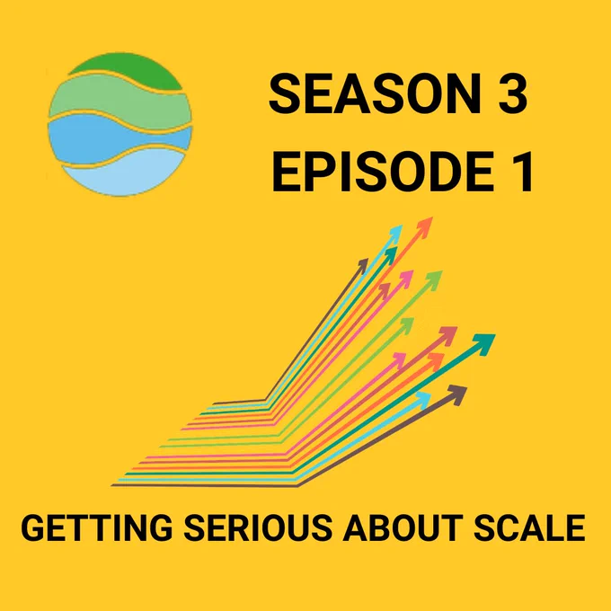 Yellow background. The Carbon Removal Show globe logo in the top left corner. A number of colourful arrows point up. The text reads: Season 3 Episode 1. Getting serious about scale