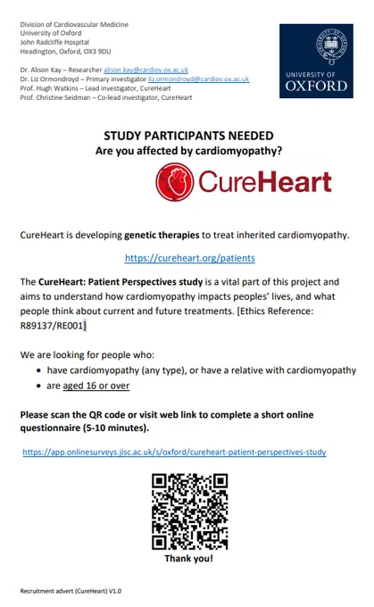 Poster with a QR code to take part in a research study about cardiomyopathy.
