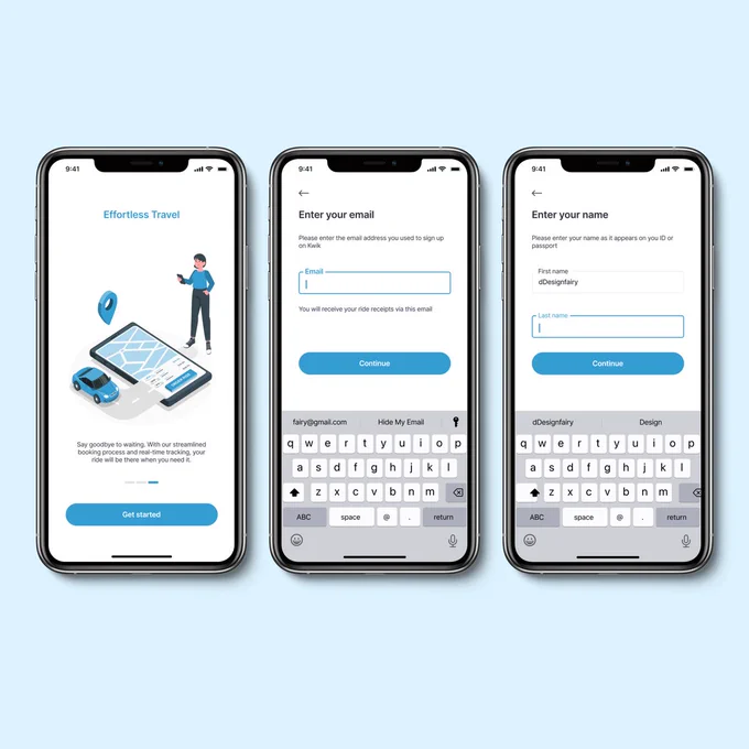 Onboarding screens and sign-up screens of "Kwik" a ride-hailing App