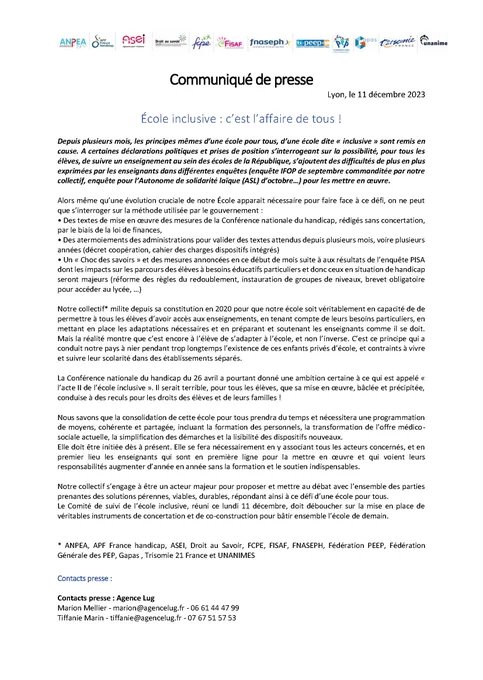 Communiqué de presse au format image.
Les logos des 12 organisations du collectif "Ma place c'est en classe" apparaissent en tête du document, daté du 11 décembre, intitulé "Ecole inclusive : c'est l'affaire de tous !"