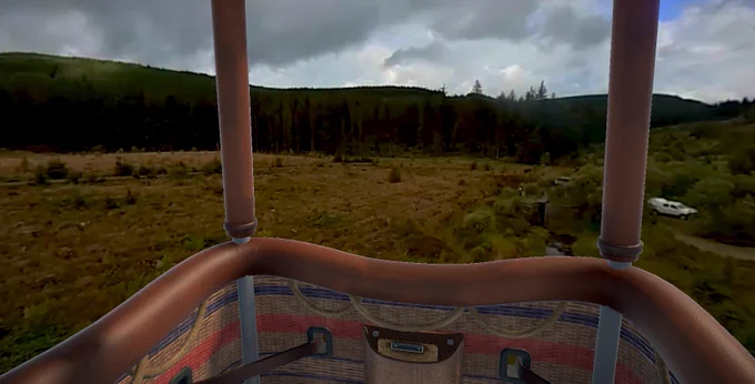 Digital rendering of the virtual reality experience of Plynlimon from inside a hot air balloon looking out towards a tree line. 