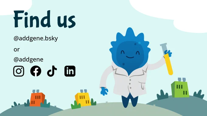 Blugene standing outside under a blue skye, with the works "Find Use @addgene.bsky or @addgene Instagram, Facebook, TikTok, and LinkedIn
