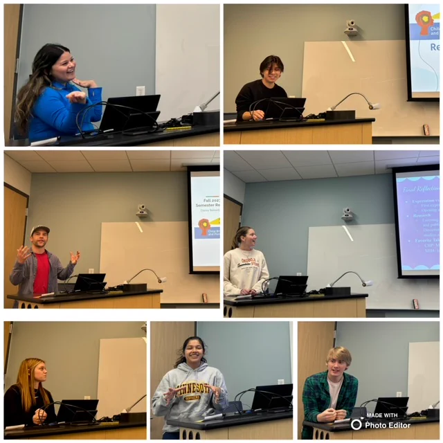 Photo collage of seven rectangular and square photos each showing an undergraduate student at a lectern giving a presentation.