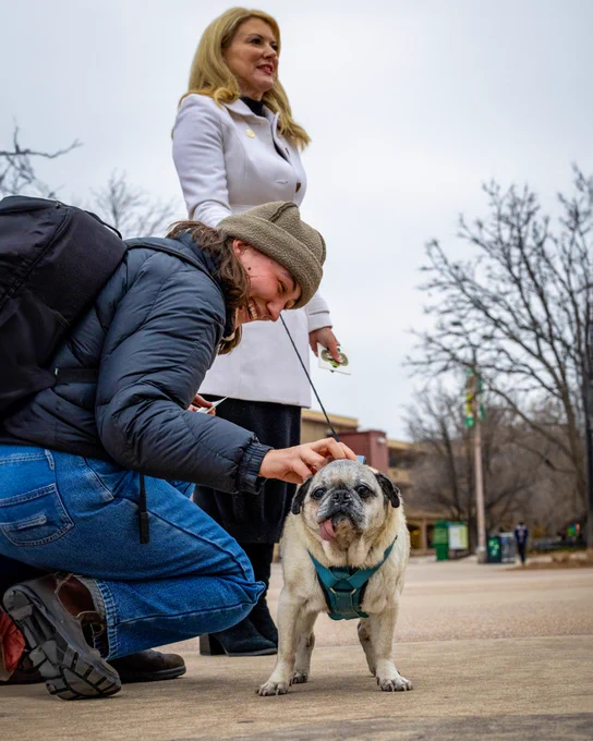 A person bent down to pet El Jefe while smiling. President Amy Parsons can be seen in the background holding El Jefe's leash.