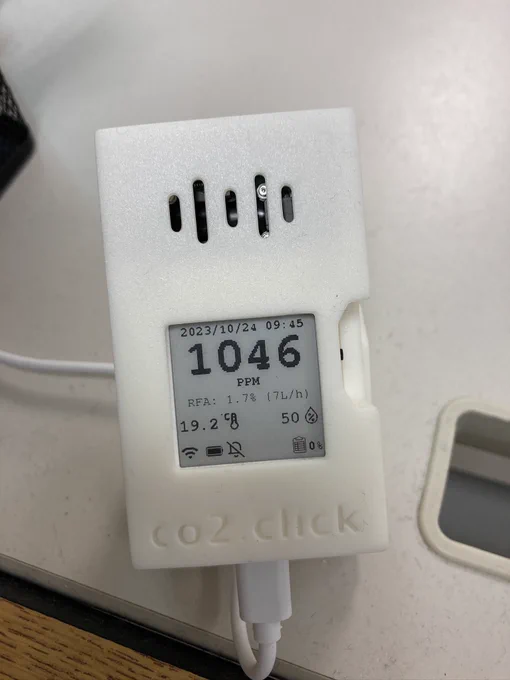 Photograph of CO2 click monitor on October 24 at 9:45, reading 1046 ppm CO2.