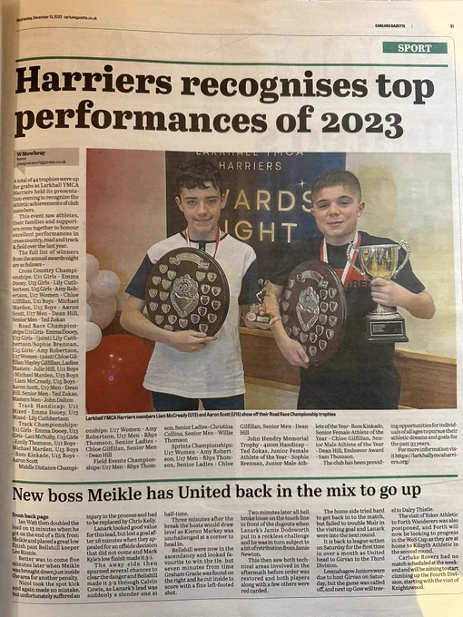 Photos of Liam McCready and Aaron Scott with their Road Race Championship Trophies. Photo also contains the full article on the awards night printed in the Carluke and Lanark Gazette.