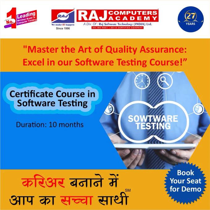 Leading National Brand in Computer Training Institute

Raj Computers Academy
CAREER बनाने में आपका सच्चा साथी

"Unlock the Secrets of Bug Hunting: Join our Software Testing Course Today!"

Join Certificate Course in Software Testing

#TestDrivenDevelopment #TestingCertification #TestingTechniques #SoftwareQuality #TestAutomation #QualityAssurance #TestingSkills #QATraining #SoftwareTesting