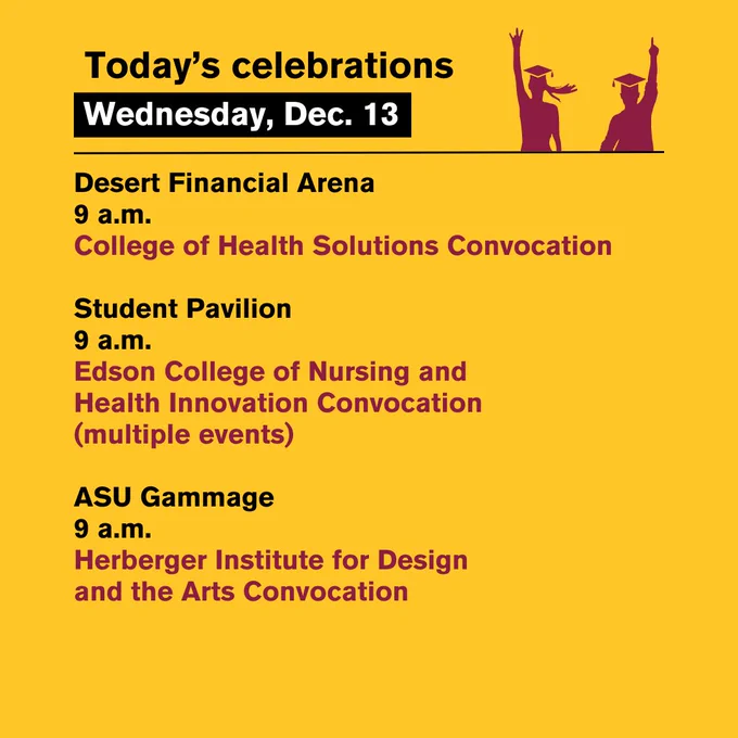 Today's celebrations, Wednesday, Dec. 13: 
Desert Financial Arena

9 a.m.
College of Health Solutions Convocation
Student Pavilion

9 a.m.
Edson College of Nursing and Health Innovation Convocation (multiple events)

ASU Gammage
9 a.m.
Herberger Institute for Design and the Arts Convocation