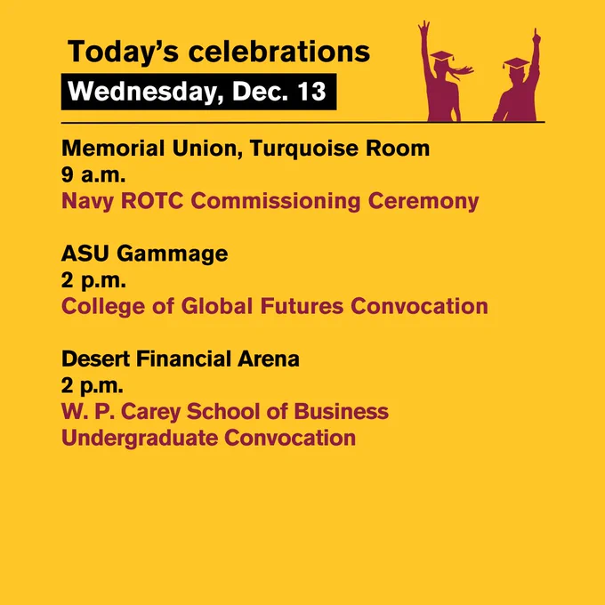 Today's celebrations
Wednesday, Dec. 13

Memorial Union, Turquoise Room
9 a.m.
Navy ROTC Commissioning Ceremony

ASU Gammage
2 p.m.
College of Global Futures Convocation

Desert Financial Arena
2 p.m.
W. P. Carey School of Business Undergraduate Convocation