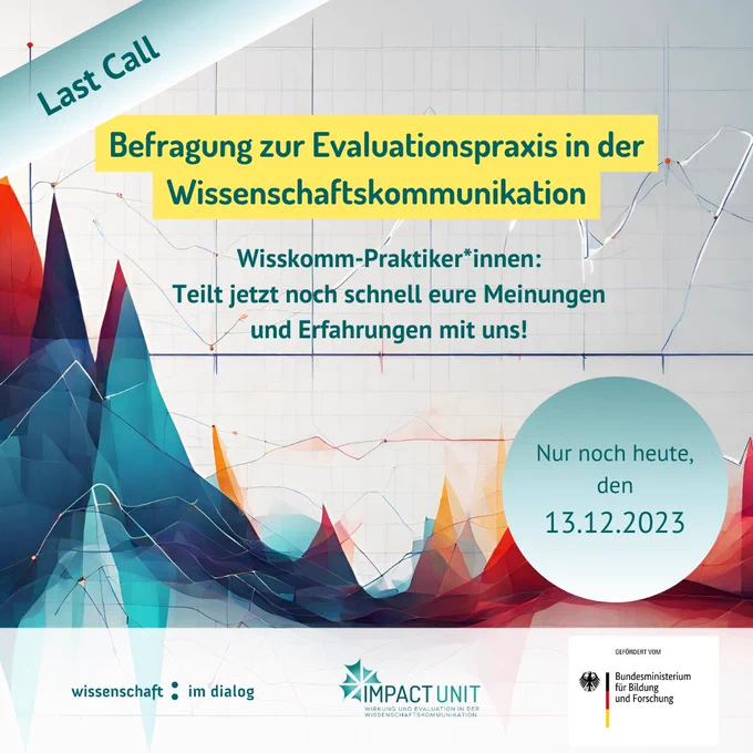 Last Call Befragung zur Evaluationspraxis in der Wissenschaftskommunikation. Wisskomm-Praktiker*innen: Teilt jetzt noch schnell eure Meinungen und Erfahrungen mit uns! Nur noch heute, den 13.12.2023. Logos Wissenschaft im Dialog, Impact Unit, Bundesministerium für Bildung und Forschung