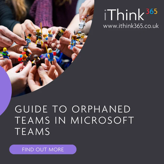 Grey social tile with a picture of a group of lego people.  White text with purple blocks and iThink365 logo promoting 'Guide to orphaned teams in Microsoft Teams' blog.
