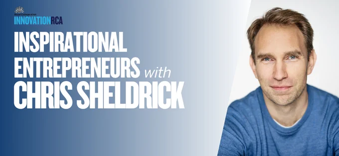 Graphic shows Chris Sheldrick on blue background with writing 'Inspirational Entrepreneurs with Chris Sheldrick', InnovationRCA logo above.