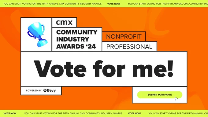 Orange banner with VOTE FOR ME request for the Community Industry Awards 2024
