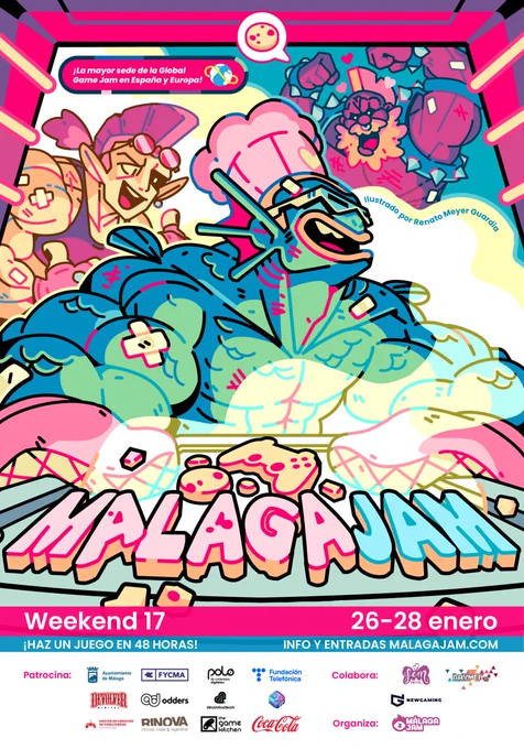 Es el cartel de la MálagaJam Weekend 17, que tendrá lugar del 26 al 28 de enero. El cartel, que ha sido bellamente ilustrado por Renato Meyer, muestra a tres personajes distintos, algunos de los cuales han aparecido ya en sus videojuegos. Estos personajes tienen un estilo o una vibe un poco furra... o quizá sea más correcto decir anfibiurra(?). No lo sé, la verdad. El caso es que la ilustración es una pasada y el personaje central es seguramente la rana antropomórfica más musculosa y sexy del mundo. 