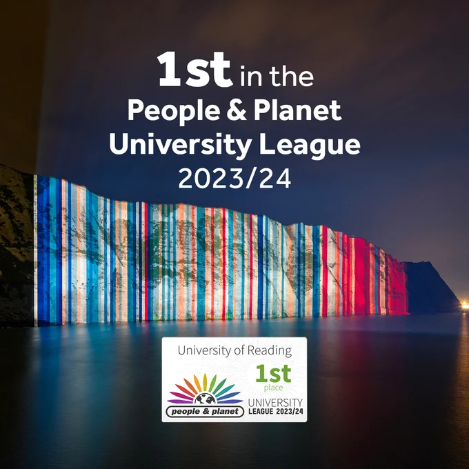 1st in the People & Planet University League 2023 / 24 - image shows climates stripes, designed by Professor Ed Hawkins at the University of Reading, projected onto the White Cliffs of Dover on #ShowYourStripesDay