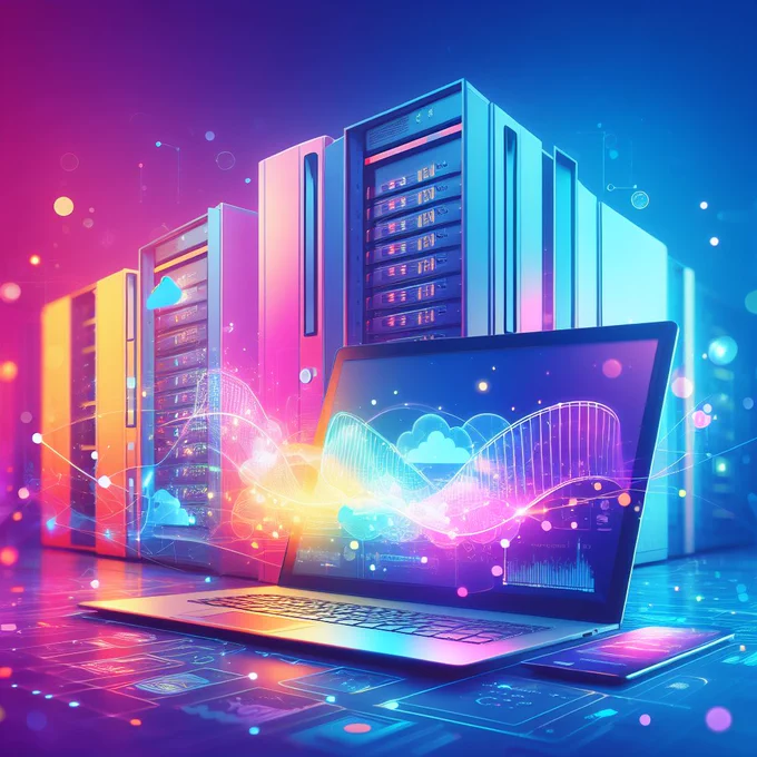 laptop and severs with colorful background.