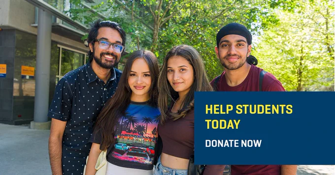Group of 4 BCIT students in front of trees, and a building. The text reads: Help students today. Donate now. 