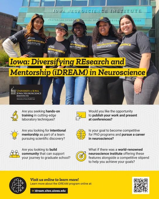Flyer for Iowa: Diversifying REsearch and Mentorship (iDREAM) in Neuroscience. Photo of five students standing in front of Iowa Neuroscience Institute Building sign. Visit us online to learn more: idream.sites.uiowa.edu
