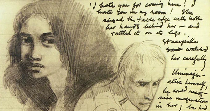 Sketches of two characters next to a handwritten manuscript from the Gormenghast series