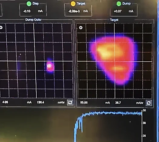 The target monitoring system showing (centre of screen) the proton beam profile on the neutron production target for >30 mA of incident protons. The neutron production rate was in line with that expected.