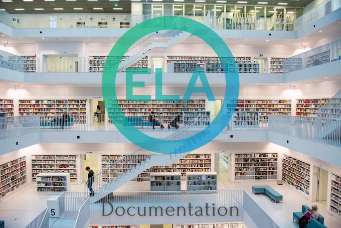 Multistory library shelves in an all white building with open center, with OpenELA logo and the word documentation