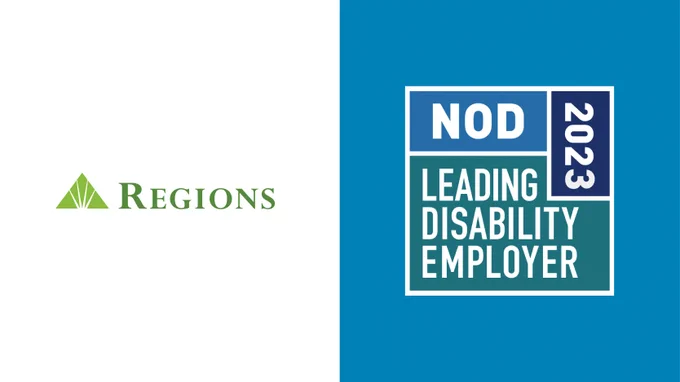 Regions Bank company logo to the left of the NOD Leading Disability Employer Seal logo