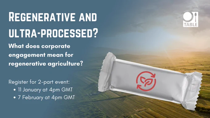 A flyer advertising a 2-part event called "Regenerative and ultra-processed? What does corporate engagement mean for regenerative agriculture?" taking place on two dates: 11 January 2024 and 7 February 2024 at 4pm GMT both days. The image also contains a gradient background with photo of a sunset over farmland and a white packaged food with a symbol on it that depicts recycling and leaf as a proxy for a regenerative label.