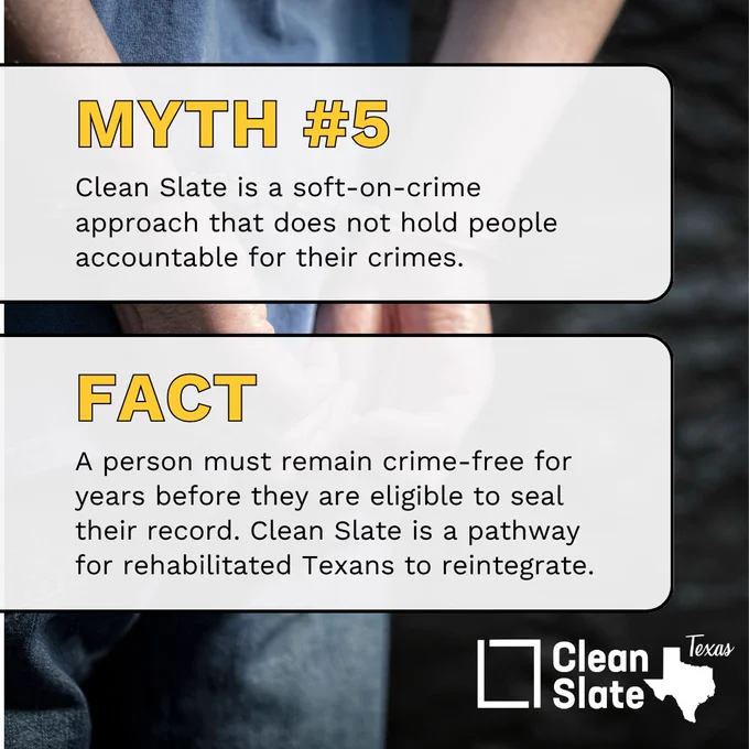 Myth #5: Clean Slate is a soft-on-crime approach that does not hold people accountable for their crimes.
Fact: A person must remain crime-free for years before they are eligible to seal their record. Clean Slate is a pathway for rehabilitated Texans to reintegrate.