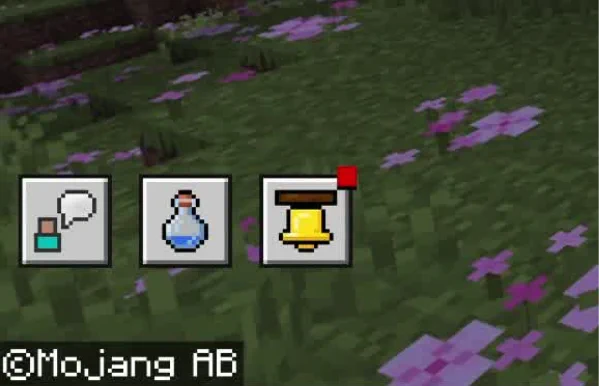 Crop of the Bedrock Minecraft main menu screenshot demonstrating new button added: alongside previously existing feedback and achievement buttons there is now a bell button for accessing the new Inbox screen.