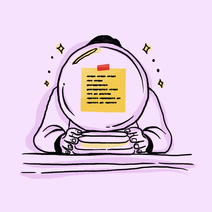 Drawing of a person looking at a crystal ball with a Balsamiq sticky note. The sticky note has scribbles on it. Purple background.