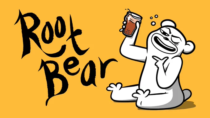 A cartoon bear, illustrated in black and white, sits and holds up a brown glass of root beer, and winks at the viewer. Bubbles float around its head. To its left is the game's logo Root Bear in a black, handwritten script font. The background color is a warm yellow.