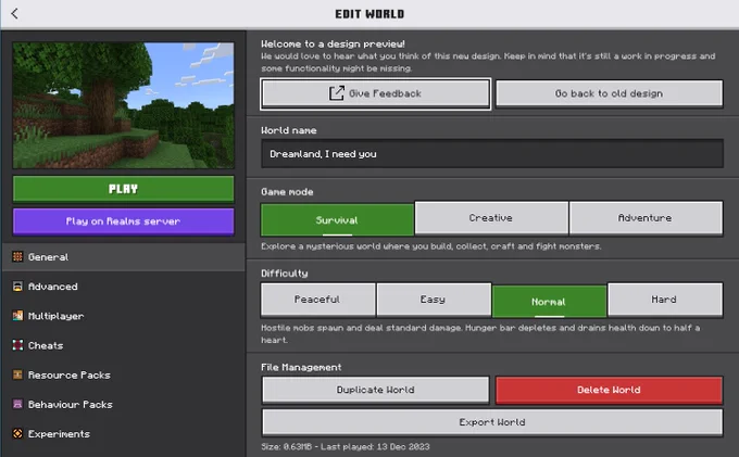 Screenshot of the new Bedrock Minecraft Edit World screen remade in Ore UI.
