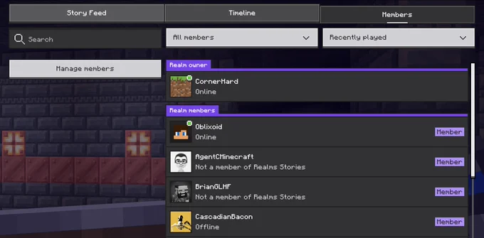 The Realms Stories Members tab is shown, with a list of members, some of whom are online, some are not members of Realms Stories, and one is offline. There is searching and sorting functionality and a "Manage members" button