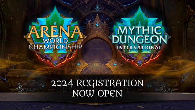 The new Dragonflight Season 3 Arena World Championship and Mythic Dungeon International logos presented in front of the Dawn of the Infinite dungeon. Below, the text reads "2024 Registration Now Open".