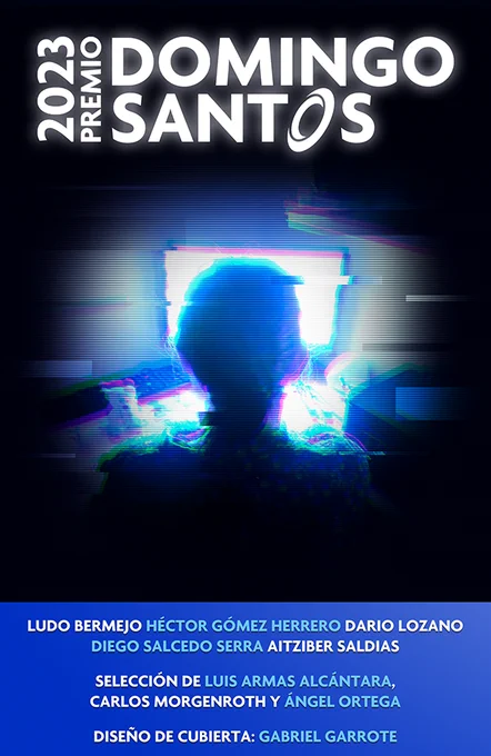 Ilustración de cubierta de la antología Domingo Santos 2023. Se ve la cabeza de una persona delante de un monitor. Está de espaldas y la imagen está borrosa.