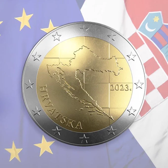 A Croatian two-euro coin against a backdrop featuring both the European and Croatian flags.